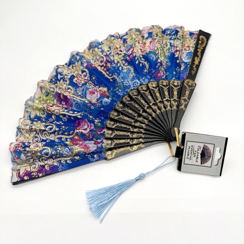 Royal Blue Glitter Fabric Foldable Hand Held Fan Floral Motif Pink Roses - NWT